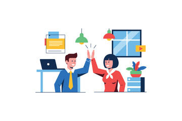 Team collaboration success: male and female professionals high-fiving in office setting