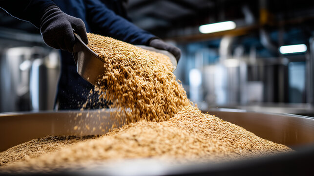 Faceless worker pouring crushed malted barley into a large mashing tun, clean industrial background and warm tones of grain, with copy space.
