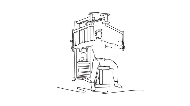 Animated self drawing of continuous line draw attractive man is performing a pec deck fly on a gym machine, illustrating upper body strength and focused fitness workout. Full length one line animation