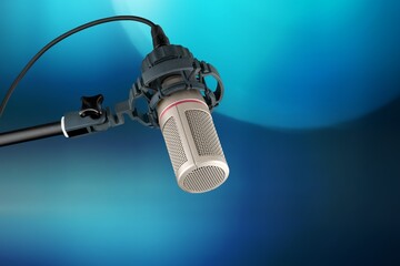Black podcast microphone to record show for livestreaming channel.