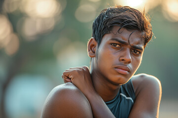 Portrait of Indian man resting after exercise in soft evening sunlight. Golden hour tones highlight his profile and emotional expression, perfect for fitness, lifestyle, or mental-health concepts.