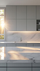 Modern Kitchen Interior with Marble Countertops and Sunny Window View - AI Generated