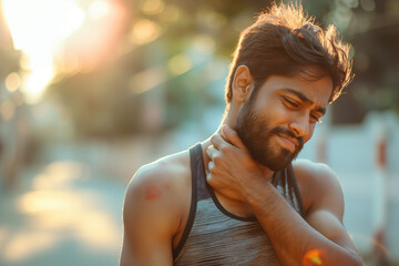 Portrait of Indian man resting after exercise in soft evening sunlight. Golden hour tones highlight his profile and emotional expression, perfect for fitness, lifestyle, or mental-health concepts.