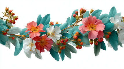 Delicate rosebuds and tiny leaves surround soft pink and white flowers with vibrant yellow centers graceful floral arrangement full of natural