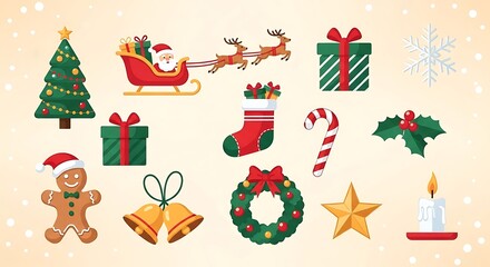 Christmas decoration element set with santa claus, reindeer, gift, christmas tree and other elements