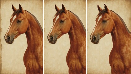 Horse Portraits Triptych — Antique oil-paint study of horses in warm sepia tones, vintage equestrian wall art and smartphone wallpaper.