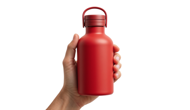 Hand holding red thermos steel water bottle mockup isolated on transparent background