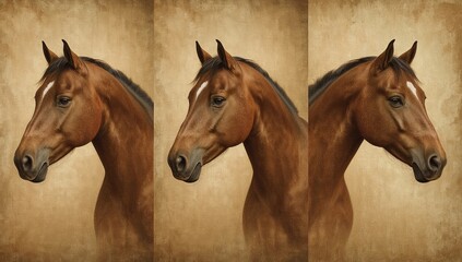 Horse Portraits Triptych — Antique oil-paint study of horses in warm sepia tones, vintage equestrian wall art and smartphone wallpaper.