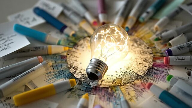 Artistic workstation with sticky notes forming a circular pattern around a luminous lightbulb, scattered markers adding color and energy to the scene