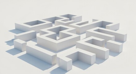 Abstract maze with light and shadows on a white backdrop, architectural form