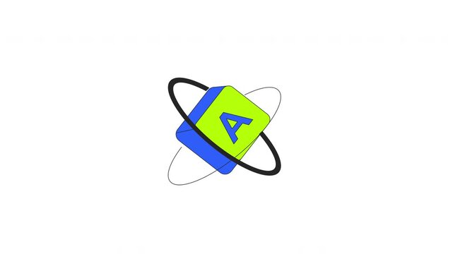 Language block with atomic orbit swaying 2D cartoon object animation. Computer keyboard key with letter A and orbiting rings. Digital alphabet animated flat colorful item 4K video isolated on white