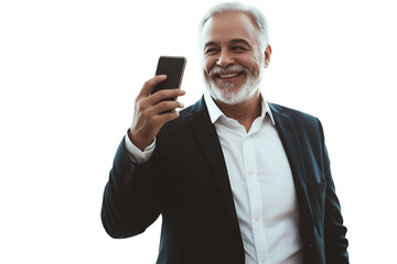 Portrait of a happy older business professional in glasses holding a smartphone, representing communication, technology, and success concepts.