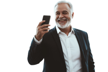 Portrait of a happy older business professional in glasses holding a smartphone, representing communication, technology, and success concepts.