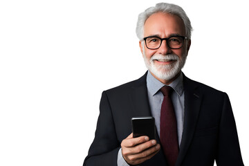 Portrait of a happy older business professional in glasses holding a smartphone, representing communication, technology, and success concepts.