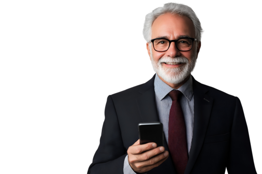Portrait of a happy older business professional in glasses holding a smartphone, representing communication, technology, and success concepts.