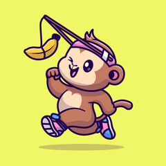Cute Monkey Run Chasing Banana Cartoon