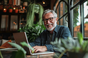 A cheerful mature man with gray hair and glasses sits at a wooden desk, working on a laptop in a cozy home office filled with green plants and warm light.