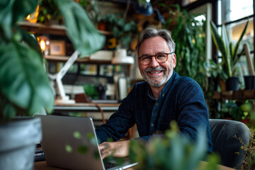 A cheerful mature man with gray hair and glasses sits at a wooden desk, working on a laptop in a cozy home office filled with green plants and warm light.