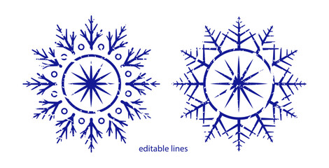Grunge retro style circle shape snowflake vector illustration. Abstract snow flake to use for christmas card, xmas, winter holiday, new year projects. 