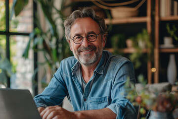A cheerful mature man with gray hair and glasses sits at a wooden desk, working on a laptop in a cozy home office filled with green plants and warm light.