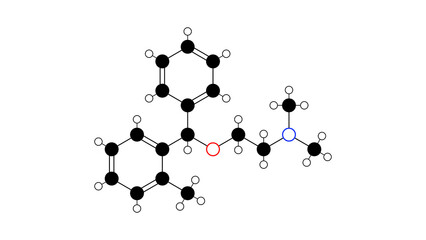 orphenadrine molecule, structural chemical formula, ball-and-stick model, isolated image anticholinergic agent