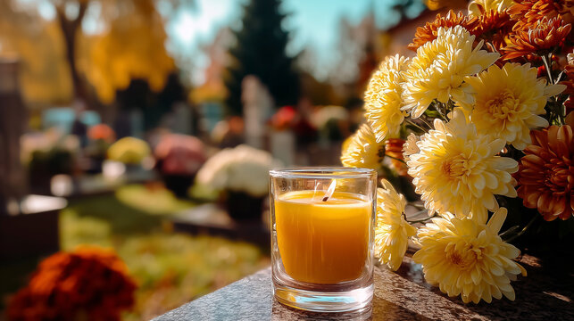 Grave Decoration with Lit Votive Candle and Chrysanthemums, Autumnal Day Ligt, All Saints' Day and All Souls' Day in Poland, Day of the Dead Memorial Tradition, Honoring the Dead.