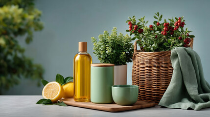 Natural skincare products with fresh lemon, green plants, and cozy towel arranged on wooden board for calm wellness vibe