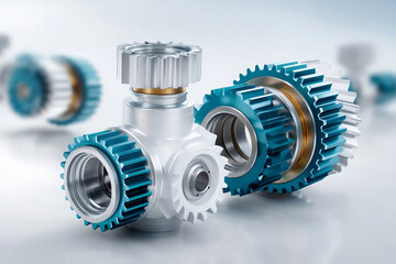 Mechanical gear components with blue and silver teeth, close up view of industrial metal parts for machinery