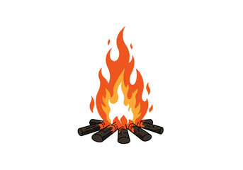 A campfire with flames atop several logs arranged in a star pattern