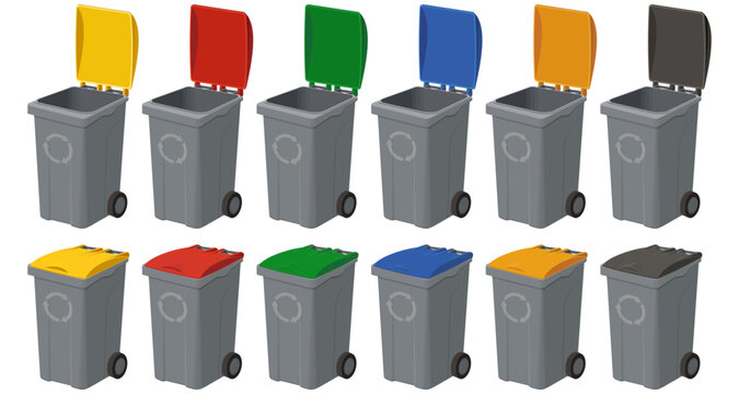Collection of large, gray recycling bins with lids open and closed, in various colors (yellow, red, green, blue, orange, black). (Cut out)