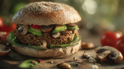 Veggie Burger with Avocado, Mushroom, and Red Pepper