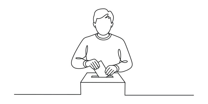 Single line drawing of a person casting a vote at a ballot box vector