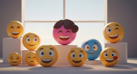 Animated emojis stand on blocks in a bright, minimalist studio setting