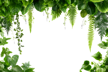Nature background of green fern and ivy leaves covered with raindrops, isolated on black. Ideal for eco, freshness, or nature design themes.