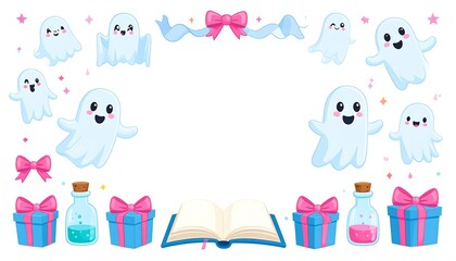 Cute illustration featuring smiling ghosts, pink bows, gifts, potion bottles, stars, and an open book, forming a decorative border