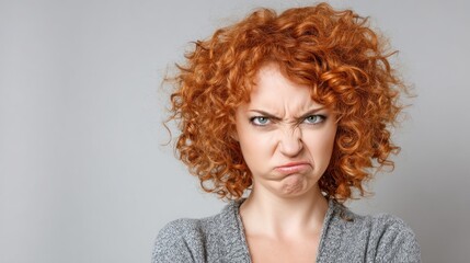 A woman with curly red hair, wearing a gray sweater, making a face with her mouth open and eyes narrowed, against a plain background.