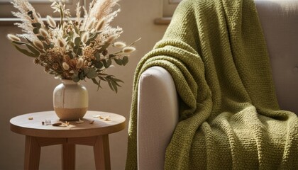 A cozy living room scene featuring a green knitted blanket draped over a beige armchair. A vase with dried flowers sits on a wooden side table.