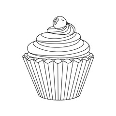 Cupcake with Swirl Frosting and a Cherry on Top - Line Art Drawing