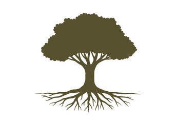 Silhouette of a tree with lush leaves and prominent roots against a stark white background