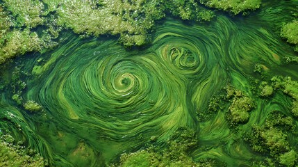 Vibrant green algae forms mesmerizing swirling patterns on a rocky underwater surface