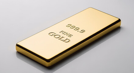 A single 999.9 fine gold bar displayed on a smooth gray surface. The shiny metallic texture and minimalist composition emphasize the purity and value of gold, symbolizing wealth.