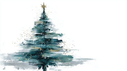 Christmas Abstract Art Tree In Teal And Gold With Star, Festive Holiday Decoration In Painterly Brush Stroke Style, Ideal For Wallpaper, Poster, Greeting Card And Seasonal Design