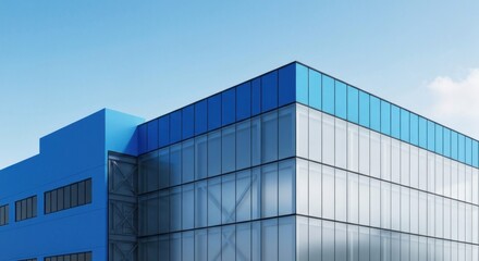 Blue building corner with glass windows under a clear sky, architectural detail