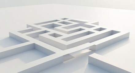 Bright white maze perspective; clean, abstract geometric form on a light surface