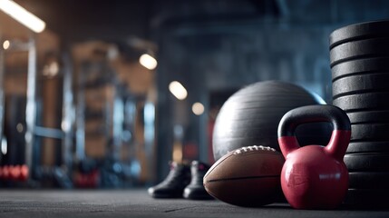 A gym setting with kettlebells, a ball, and sports equipment.