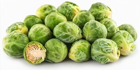Fototapeta premium Fresh Brussels sprouts pile, one halved revealing layered texture, vibrant green healthy vegetables