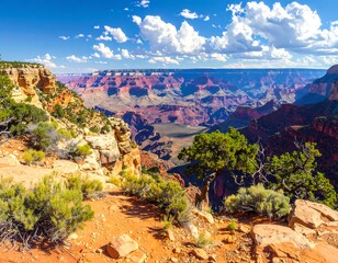 Expansive vista of a geological formation. Vivid red-rock canyons stretch under a partly cloudy azure sky, with sparse vegetation on the cliffs