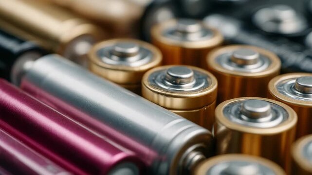 Cluster of various batteries in close-up, subtle shadows emphasizing cylindrical shapes and metallic sheen, shallow depth of field