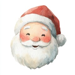 A cheerful watercolor illustration of Santa Claus, featuring a jolly face and iconic red hat, perfect for holiday cards, decorations, or festive marketing campaigns,