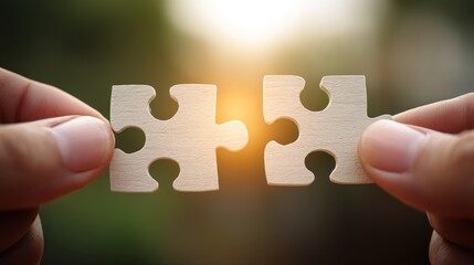 Two hands holding a jigsaw puzzle piece against a blurred green background.
